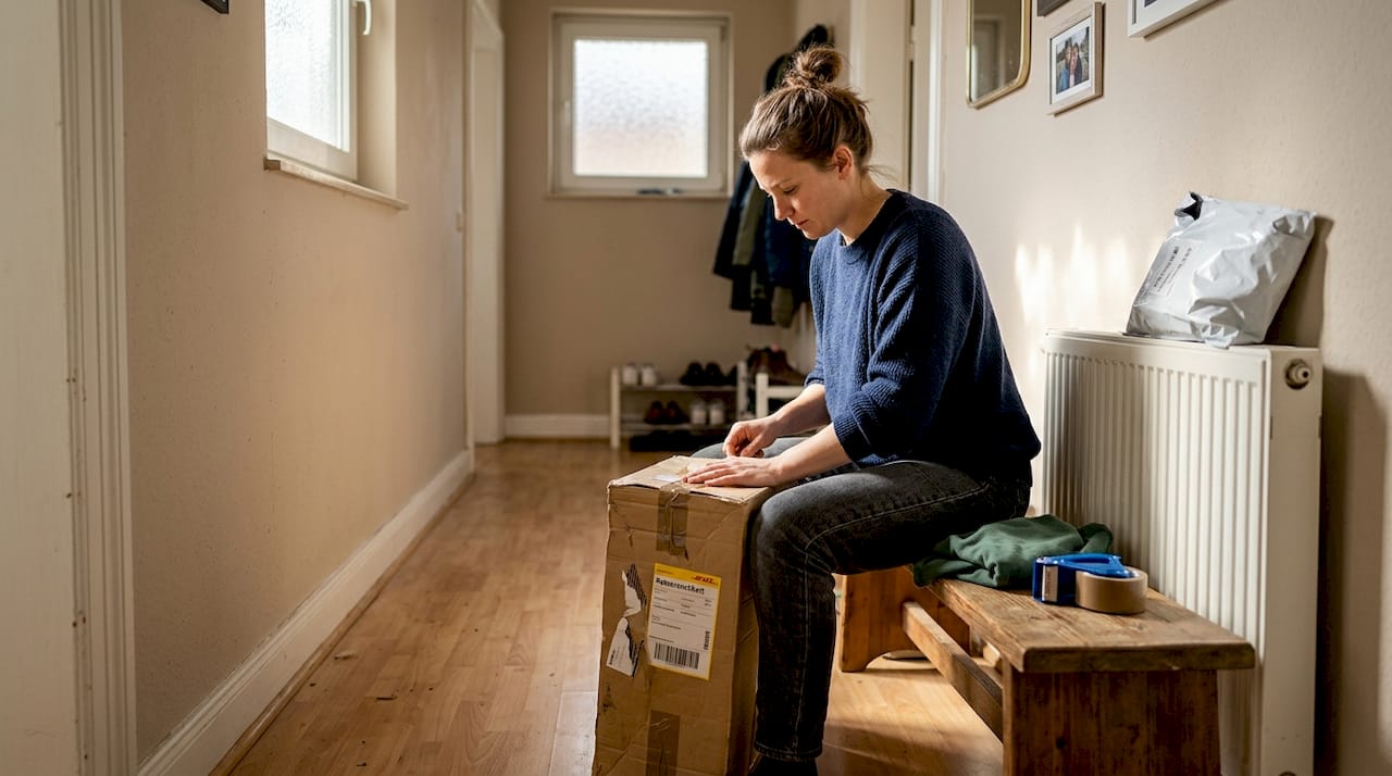 Eine Frau packt ein Kleidungsstück sorgfältig ein, um es zurückzuschicken.