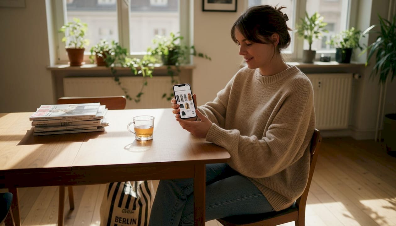 Junge Frau sitzt am Tisch, vertieft in eine Mode-App und blättert durch Modemagazine.