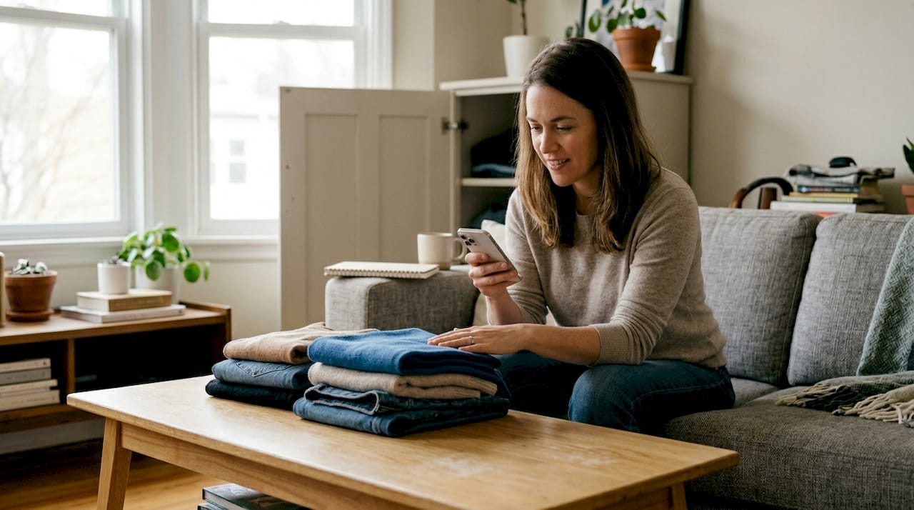 Eine Frau durchstöbert ihre Garderobe und schaut sich aktuelle Rabattaktionen an.