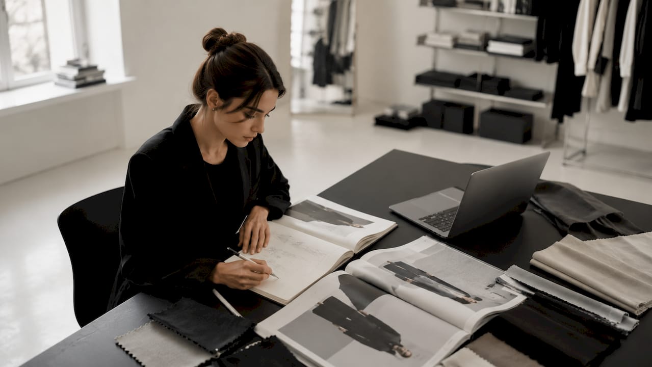 Eine Frau prüft das Workflow-Dokument für die Modeberatung.