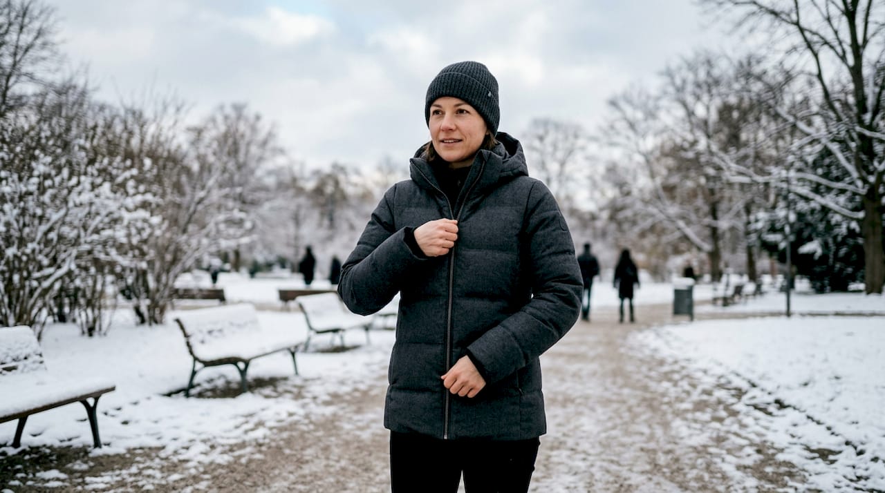 Eine Frau genießt den Winterspaziergang in ihrer kuschelig warmen Daunenjacke.