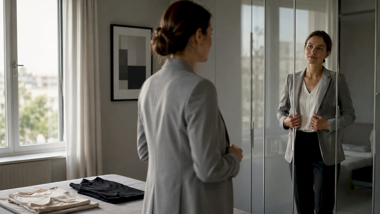 In einem lichtdurchfluteten Büro probiert eine Frau einen marineblauen Blazer an.
