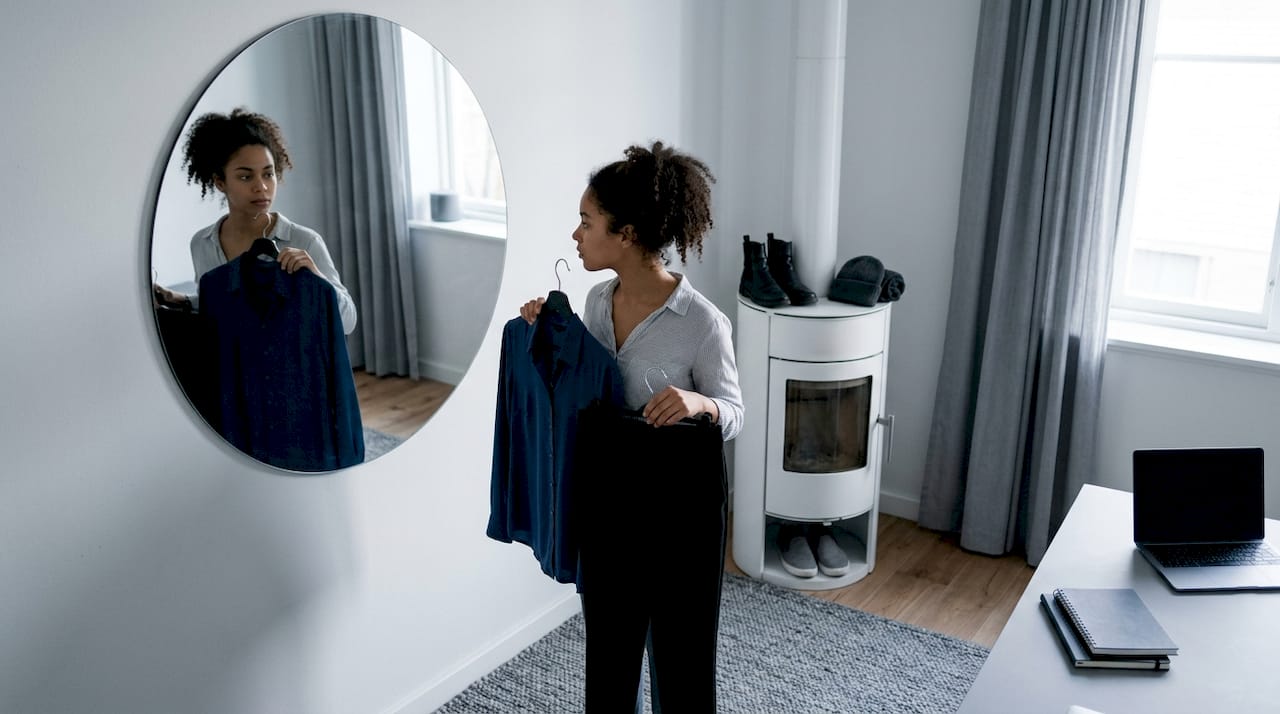 Eine Frau steht im Umkleideraum und stellt verschiedene Outfits zusammen, um das perfekte, modische Ensemble zu finden.