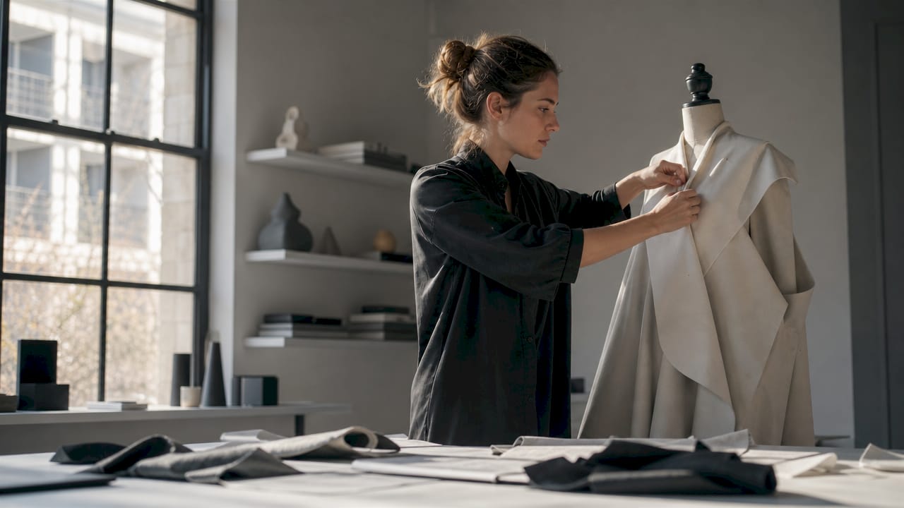 Ein Modedesigner entwirft in seinem Atelier eine außergewöhnliche Jacke.