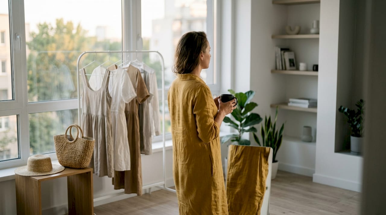 Eine Frau genießt die frische Luft auf ihrem Balkon und trägt dabei ein Outfit, das perfekt zur aktuellen Jahreszeit passt.