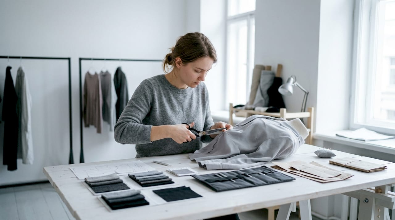 Ein Modedesigner arbeitet im Atelier an einer neuen Kollektion und lässt seiner Kreativität freien Lauf.