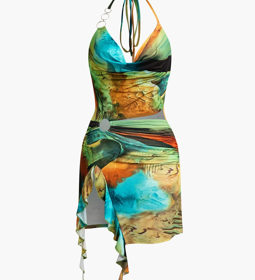 Mira | Asymmetrischer Seitenschlitz Neckholder-Minikleid mit Kunstdruck