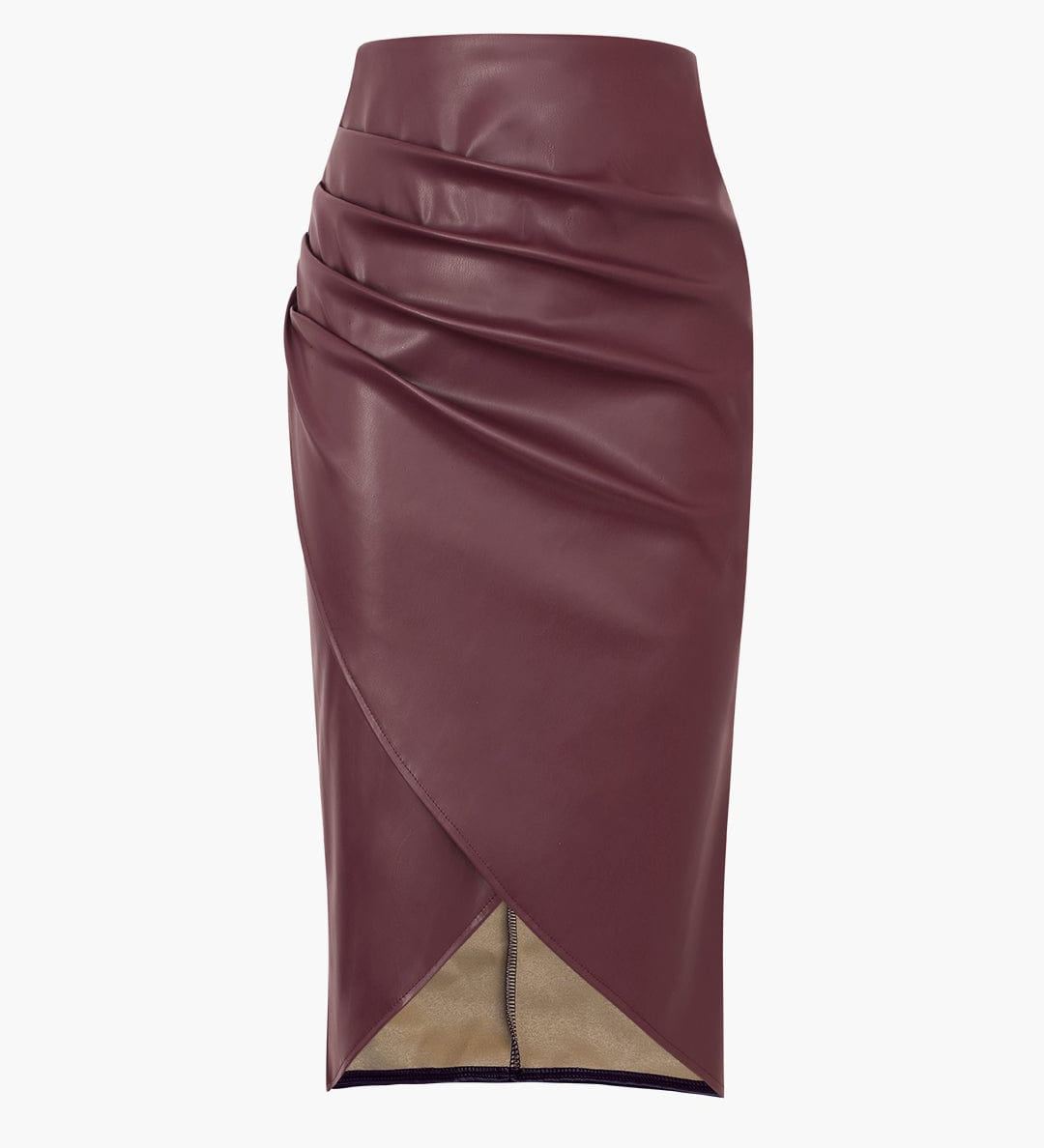 Edwina | Figurbetonter Kunstleder-Midirock mit asymmetrischer Wickeloptik