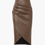 Edwina | Figurbetonter Kunstleder-Midirock mit asymmetrischer Wickeloptik