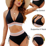 Zweiteiliges Damen-Bikini-Set mit Häkelstreifen – Hoher Bund & Halterneck