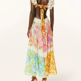 Maxikleid mit Blumenmuster, V-Ausschnitt und Rüschen-Trägern für Damen