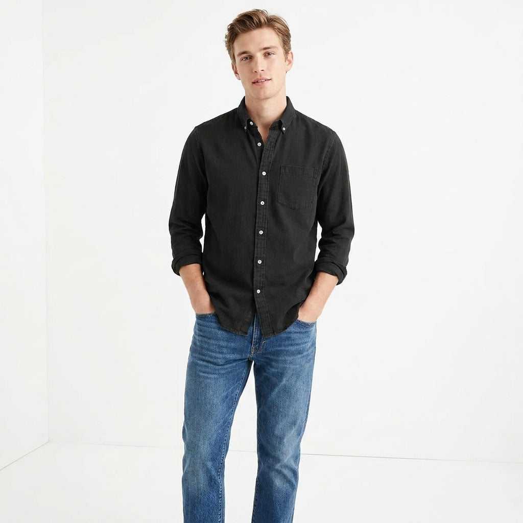 Herren Langarmhemd mit Brusttasche und Button-Down-Kragen