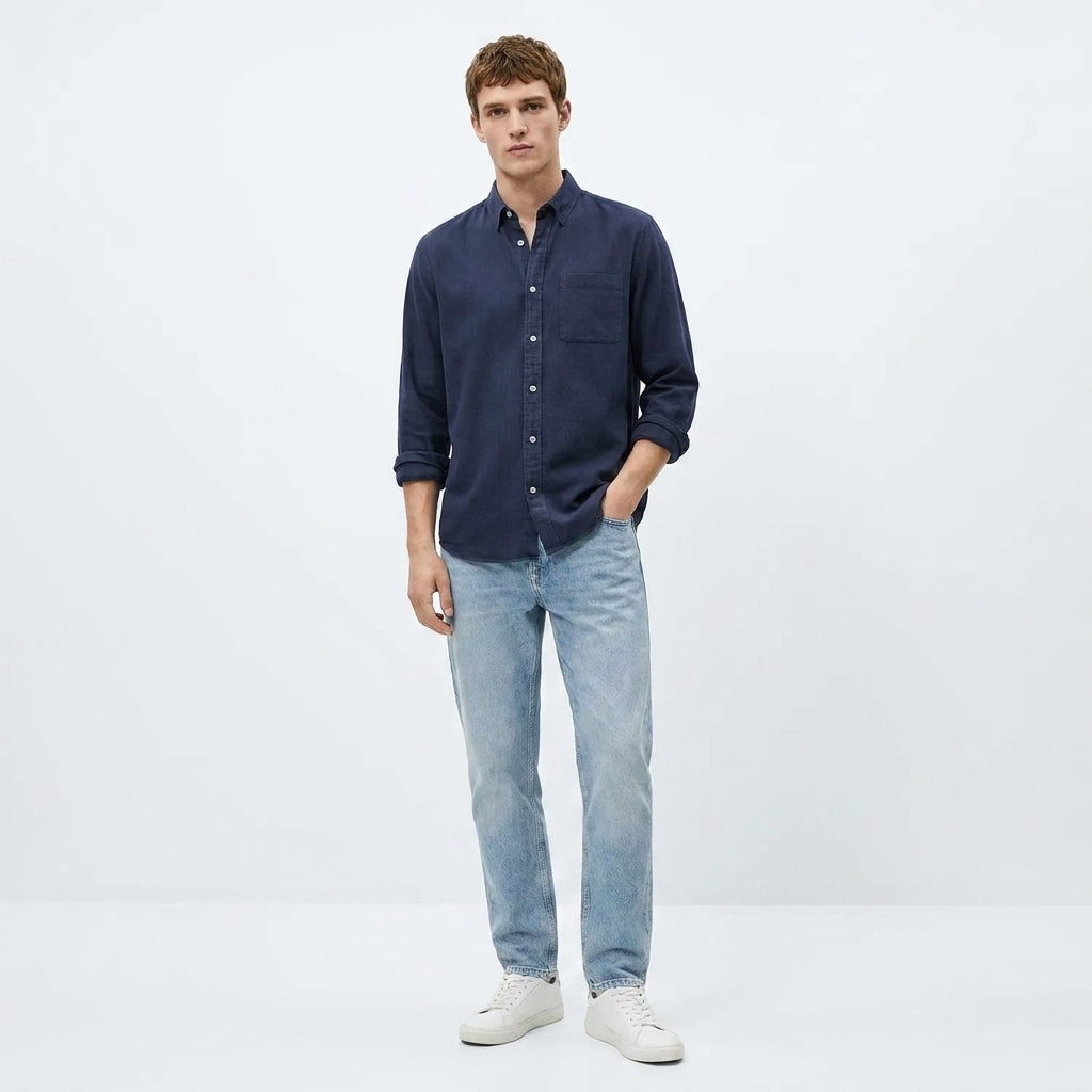 Herren Langarmhemd mit Brusttasche und Button-Down-Kragen