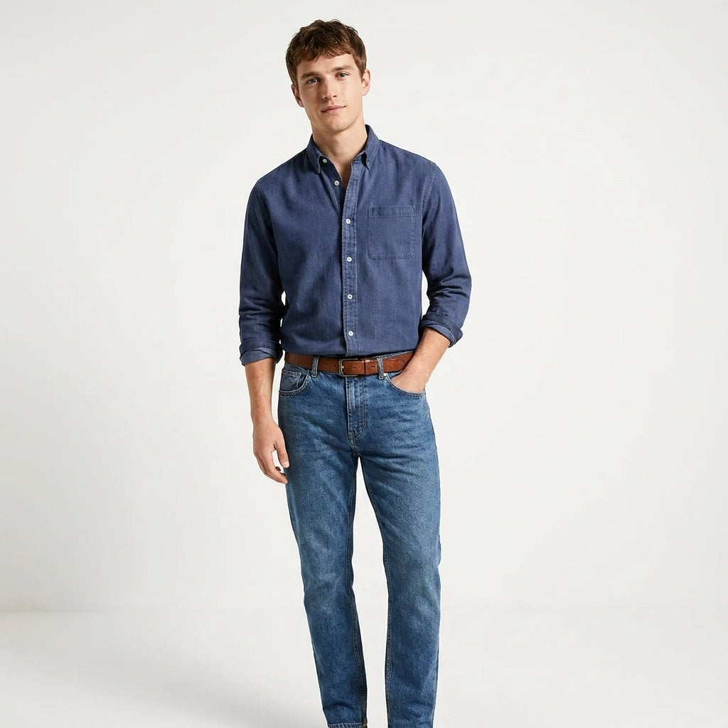 Herren Langarmhemd mit Brusttasche und Button-Down-Kragen