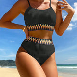 Schwarzer High-Waist Bikini mit Chevron-Detail – 2-teiliges Set mit Spaghettiträgern &amp; Strukturstoff