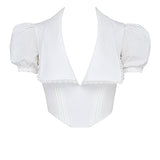 Gertrud | Elegantes Weißes Korsett-Top mit Puffärmeln und Wellensaum-Kragen