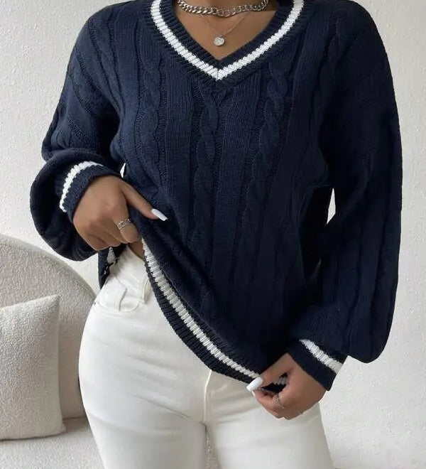 Freja | Gestreiftes Kabelstrickpullover Mit V Neck Zendoo.de