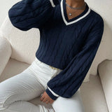 Freja | Gestreiftes Kabelstrickpullover Mit V Neck Zendoo.de