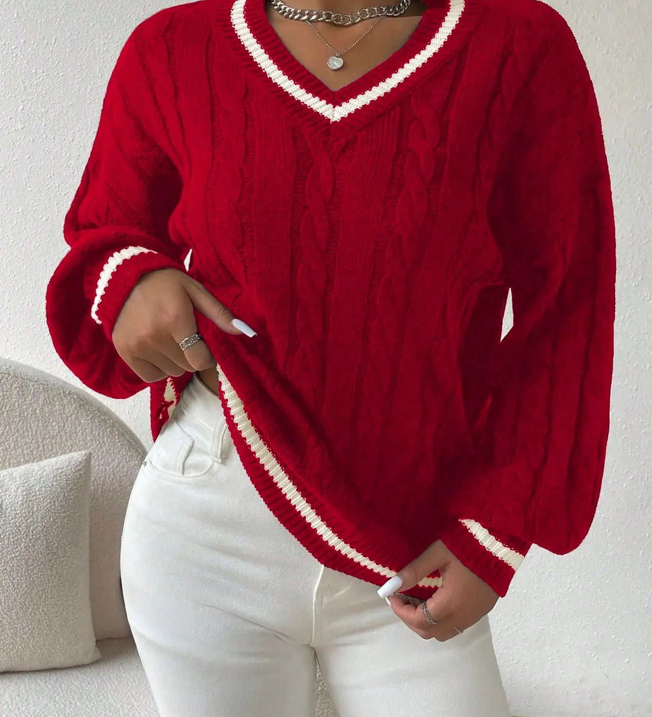 Freja | Gestreiftes Kabelstrickpullover Mit V Neck Zendoo.de