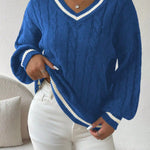 Freja | Gestreiftes Kabelstrickpullover Mit V Neck Zendoo.de