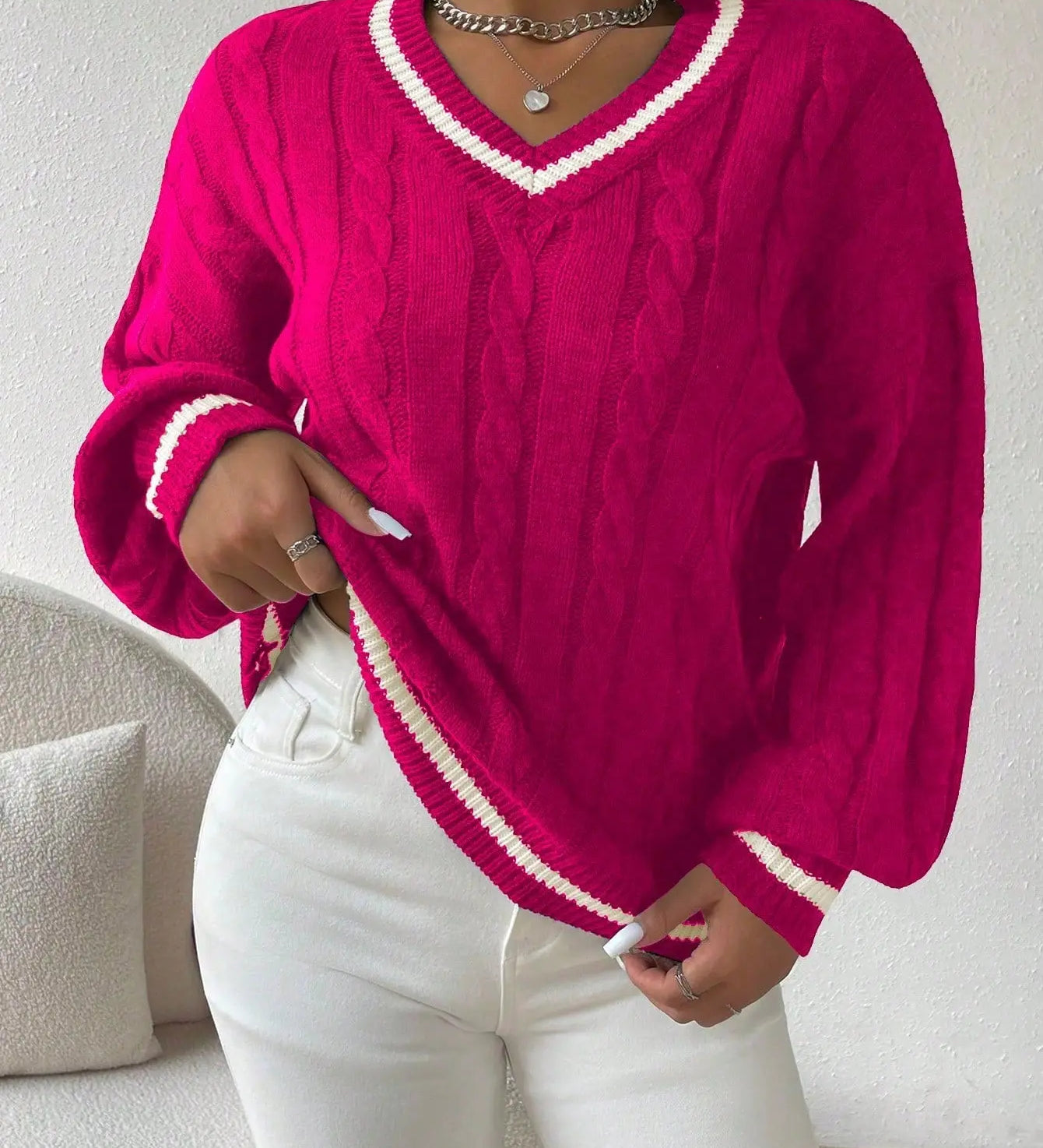 Freja | Gestreiftes Kabelstrickpullover Mit V Neck Zendoo.de