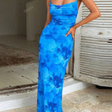 Langes Sommerkleid mit Aquarellprint & Spaghettiträgern