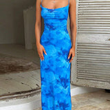 Langes Sommerkleid mit Aquarellprint & Spaghettiträgern