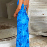 Langes Sommerkleid mit Aquarellprint & Spaghettiträgern