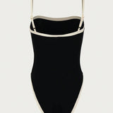 Eleganter Damen Badeanzug Schwarz – Einteiler mit hohem Beinausschnitt & stilvollen Kontrastdetails