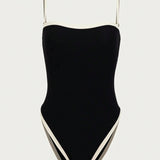 Eleganter Damen Badeanzug Schwarz – Einteiler mit hohem Beinausschnitt & stilvollen Kontrastdetails