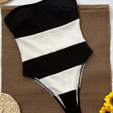 Schulterfreier Einteiler mit Kontraststreifen & High-Leg Cut