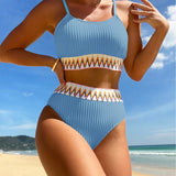 Schwarzer High-Waist Bikini mit Chevron-Detail – 2-teiliges Set mit Spaghettiträgern &amp; Strukturstoff