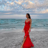 Maxikleid mit Rüschen – Figurbetontes Abendkleid mit Spaghettiträgern