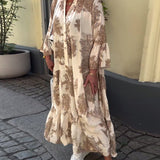 Maxikleid mit Print, Volantärmeln & Stehkragen – Stilvoll & Luftig