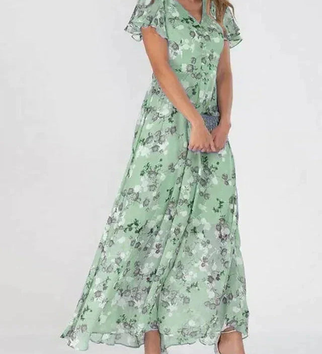 Romantisches Maxikleid mit Blumenprint – Rosa Chiffon, V-Ausschnitt & Schmetterlingsärmel