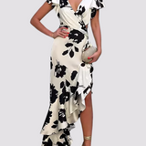 Asymmetrisches Wickelkleid – Maxikleid mit Blumenmuster & Volant-Saum