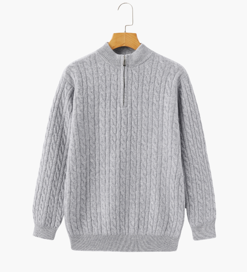 Roman | Chunky knit Herren Chasmere Pullover mit Kabelstrickmuster & Halb Reißverschluss Kragen