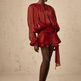 Plissiertes Minikleid mit langen Ärmeln und Bindekragen für Damen