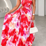 Plissiertes One-Shoulder-Kleid mit floralem Muster – Elegant & Feminin