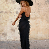 Maxikleid mit Rüschen – Figurbetontes Abendkleid mit Spaghettiträgern