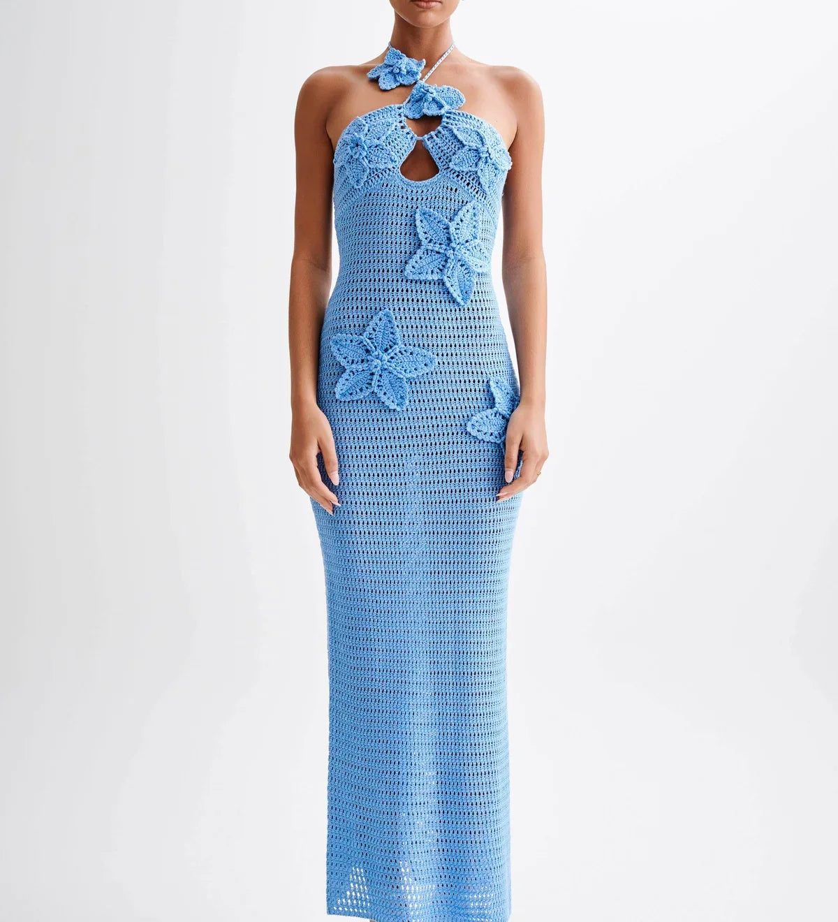 Häkel-Maxikleid mit Blumenapplikationen und Neckholder für Damen