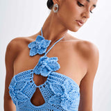 Häkel-Maxikleid mit Blumenapplikationen und Neckholder für Damen