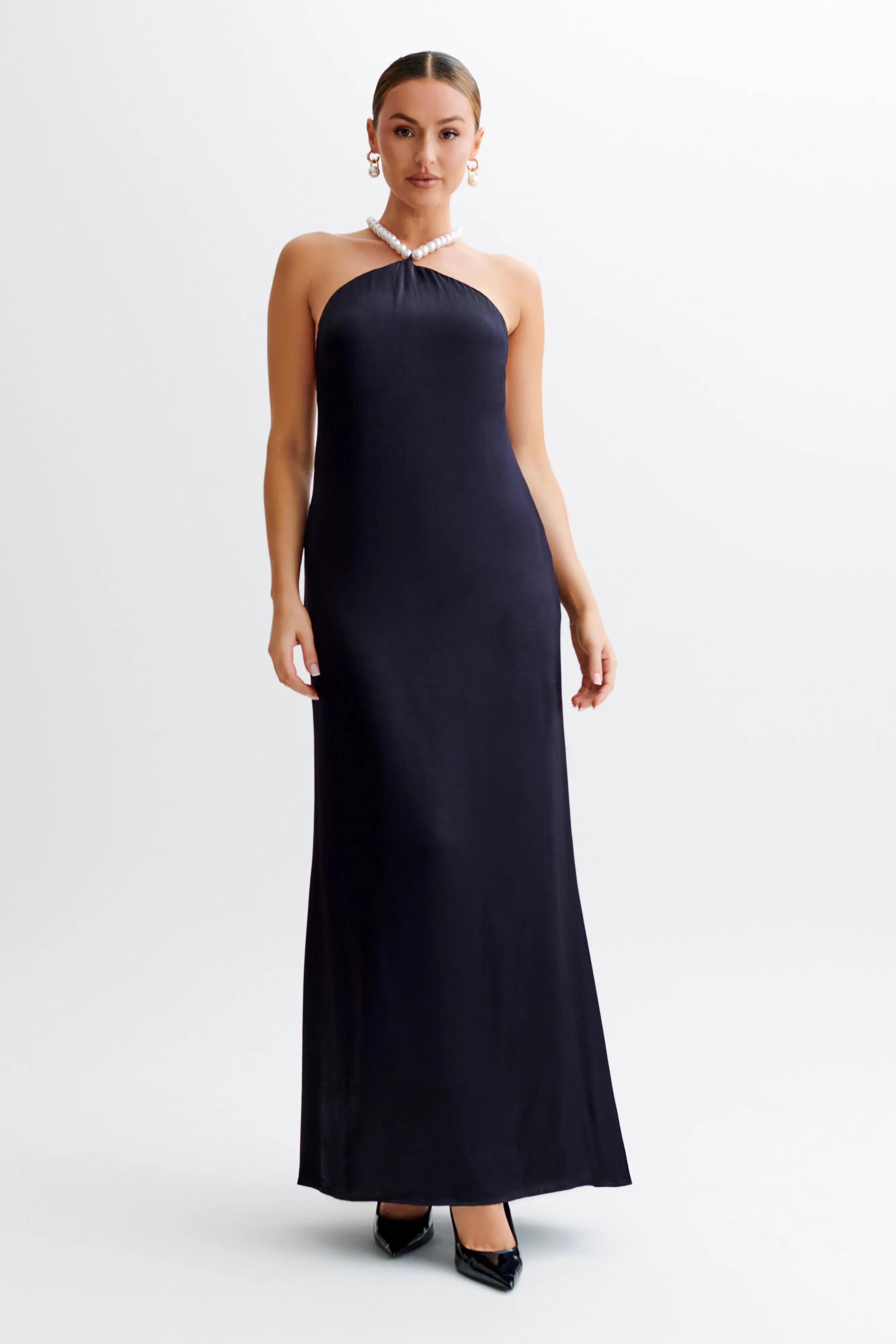 Celine | Blanche Satin Perlenhalter Maxikleid Zendoo.de