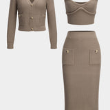 Christin | Stilvolles Strick-Dreiteiler-Set mit Cardigan, Crop-Top & Bleistiftrock