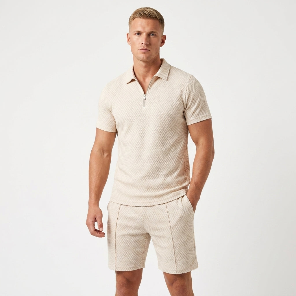 Herren Strick Poloshirt mit Reißverschluss und Strukturmuster