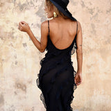 Maxikleid mit Rüschen – Figurbetontes Abendkleid mit Spaghettiträgern