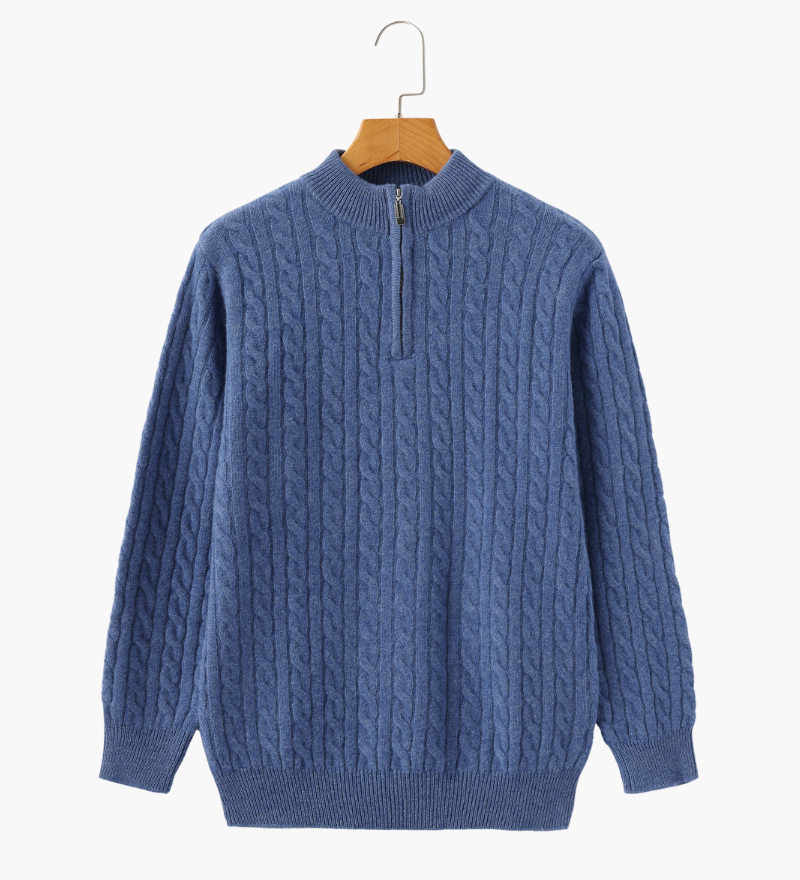 Roman | Chunky knit Herren Chasmere Pullover mit Kabelstrickmuster & Halb Reißverschluss Kragen