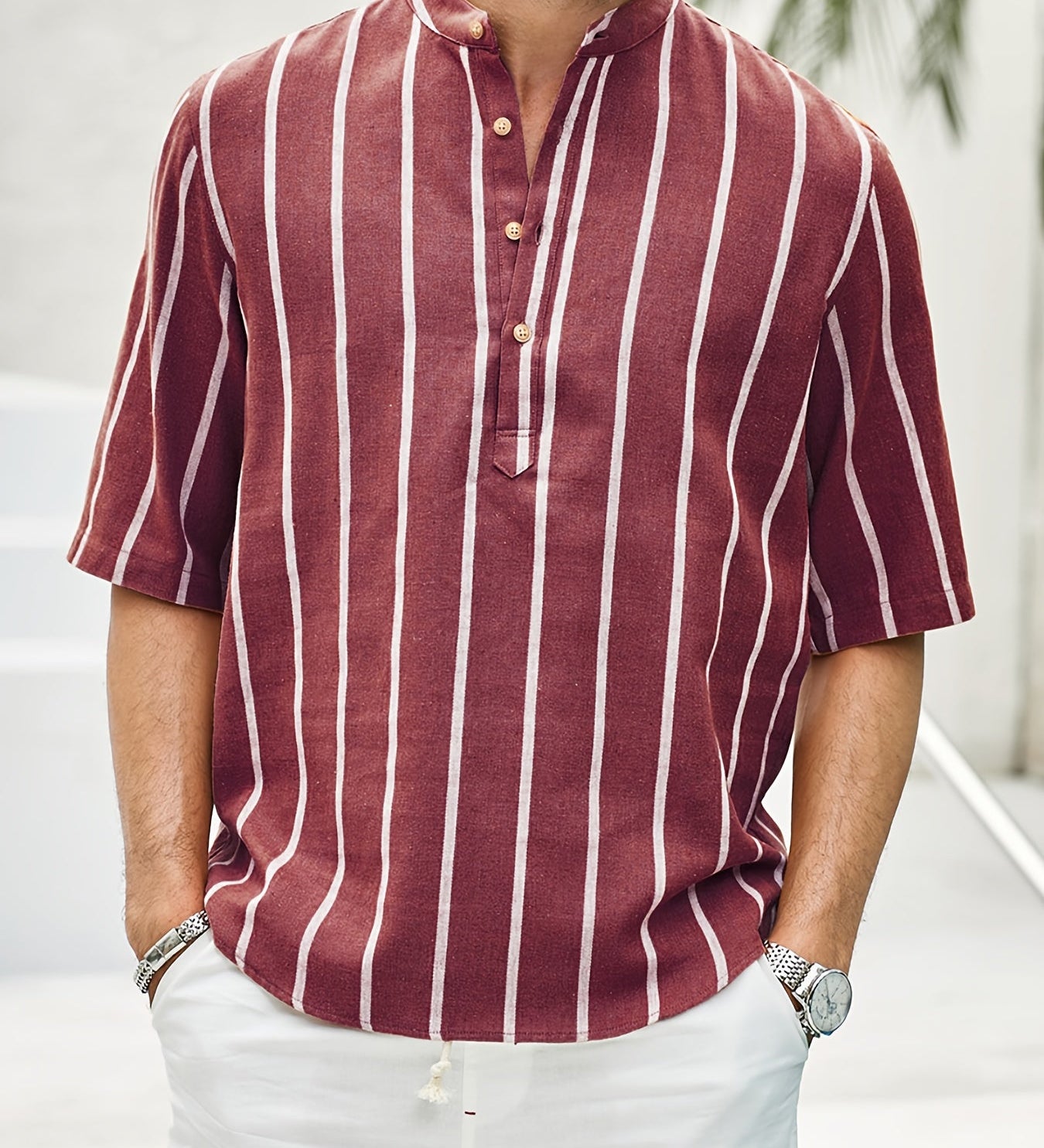 Samuel | Kurzarm-Henley-Sommerhemd mit Streifenmuster