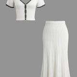 Kira | Feminines Strick-Zweiteiler-Set mit Knopf-Top & Plisseerock