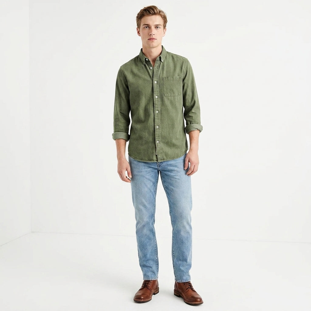Herren Langarmhemd mit Brusttasche und Button-Down-Kragen